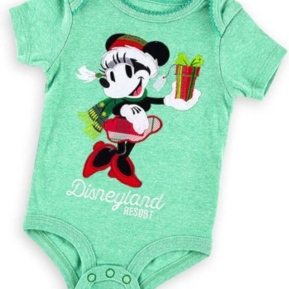 Disney Parks Baby Girl Holiday Santa Minnie Mouse Bodysuit Green Disneyland 0-3